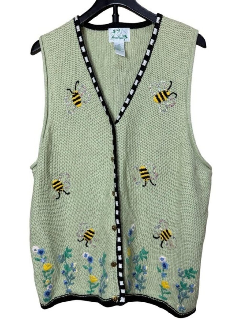 Quacker Factory Light Green Bee Embroidered Knit Vest with Floral Trim